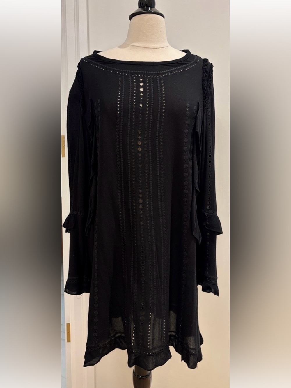 IRO Black Long-Sleeve Eyelet Detail Dress